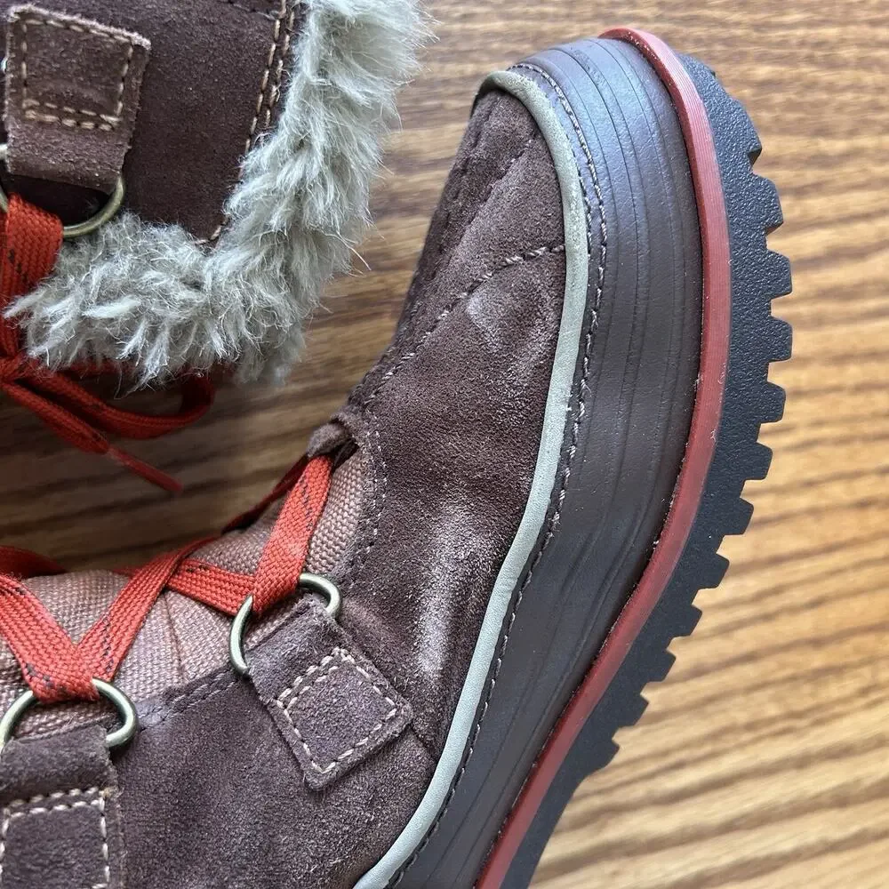 Sorel Women’s 8 Winter Snow Boots Brown Red Lace Faux Fur Tall Waterproof